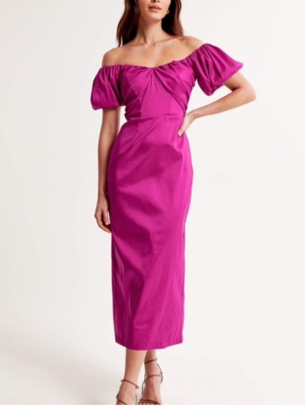 Abercrombie & Fitch Off-Shoulder Fuchsia Taffeta Puff Sleeve Dress L
